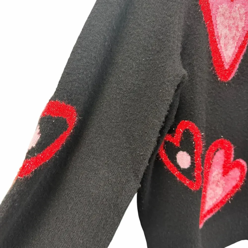 Kate Spade Overlapping Hearts Sweater Wool Blend Black Red Pink Womens XL